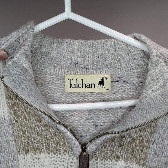 Tulchan Cable Knit Quarter Zip Sweater Cream Grey Tan Size Medium - Picture 3 of 3